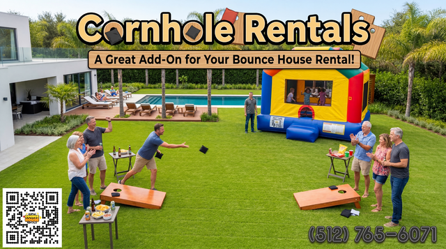 A nice backyard setting with a bounce house in the background and a cornhole game being played in the foreground