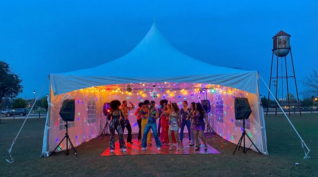 Dance Hall Package with 20'x20' high peak tent with lights, sound system and dance floor.