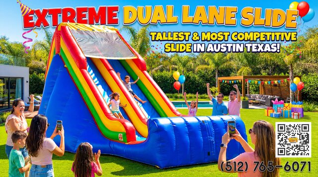 Very large two lane slide in a backyard with kids playing and parents watching. Title overlay and QR code on image.