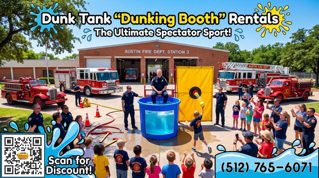 local fire chief ready to be dunked into the dunking booth by a small child at the fire station with title overlays