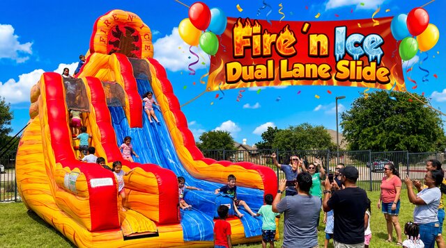 Fire'n Ice Dual Lane Slide rental in Austin Texas from Austin Bounce House Rentals™ setup outdoors with kids playing and a title overlay