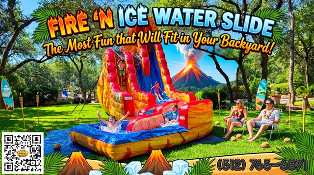 fire'n ice water slide setup in backyard with kids playing and parents watching with title overlays