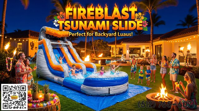 The Fireblast Tsunami water slide rental setup in a backyard at evening time with kids playing and parents watching.