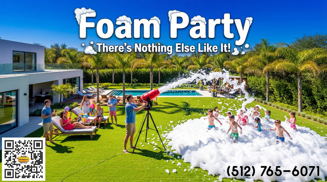 a backyard scene with a foam cannon spitting out foam onto the grass with kids playing and parents watching.