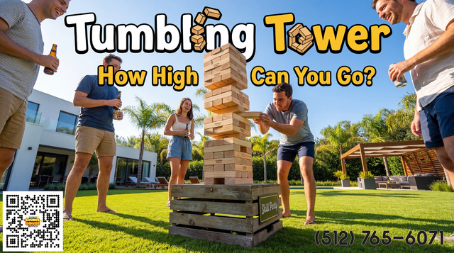 A group of people playing giant Jenga in a nice yard.