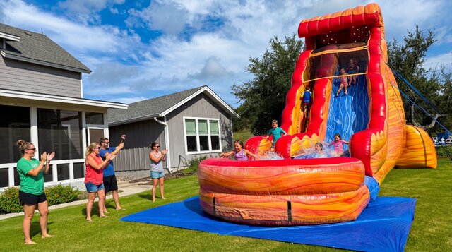 Blazing Tides water slide setup outdoors during a sunny Summer day with kids playing.