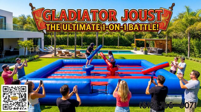 Gladiator Joust inflatable setup in backyard with people cheering on the contestants. Title overlay with catchphrase.