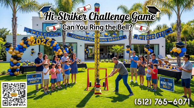 a man striking the hi-striker game with a sledge hammer while guests look on. Title overlay on image