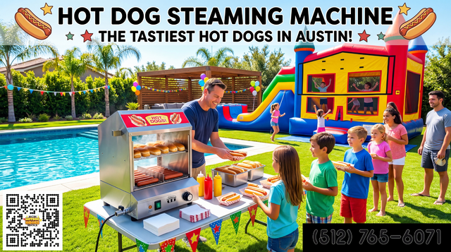 A hot dog steamer on a table with kids waiting in line in a backyard with a bounce house in the background.
