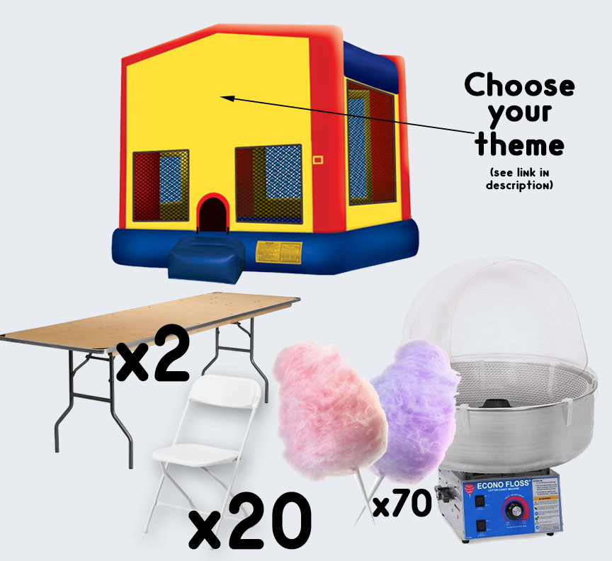 Bounce House Cotton Candy 2 tables and 20 chairs party package rental from Austin Bounce House Rentals