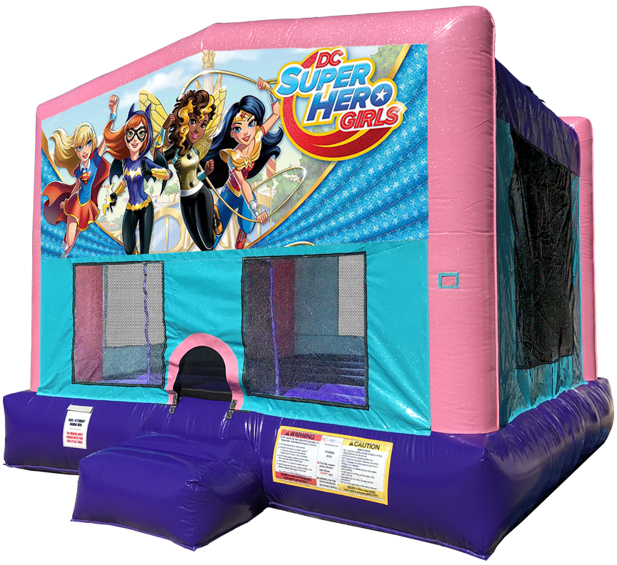 Super Hero Girls Sparkly Pink Bounce House Rentals in Austin Texas from Austin Bounce House Rentals