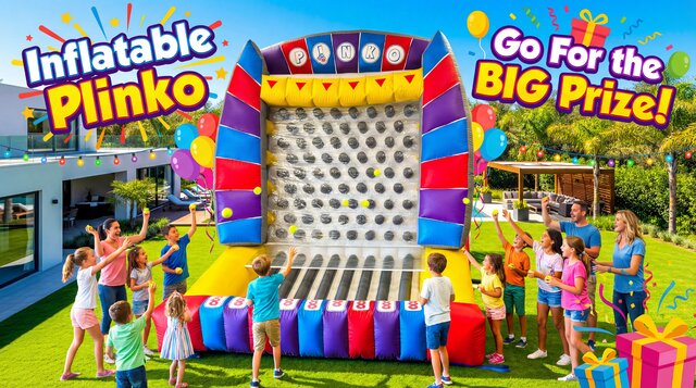 a giant inflatable plinko game setup in a nice backyard with families playing on it.