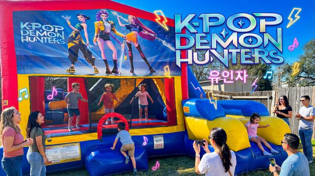 K-Pop Demon Hunters Backyard Combo setup outdoors with kids playing, parents watching.