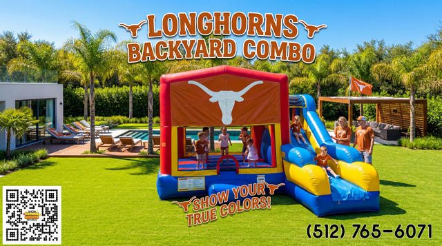 Longhorns themed backyard combo bounce house setup in nice backyard with kids playing and parents watching.