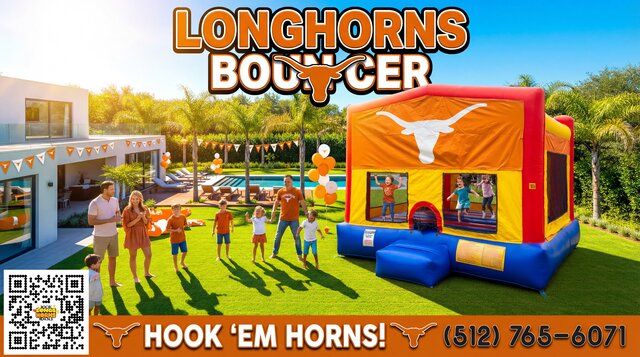 Longhorns themed bounce house setup in yard with family members showing team spirit.