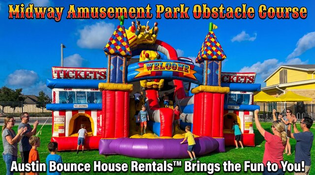 Midway Amusement Park Obstacle Course setup outdoors with kids playing, parents watching with a title overlay.