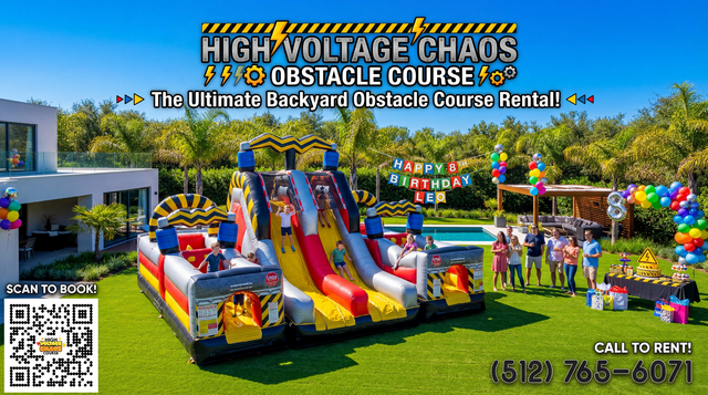 High Voltage Obstacle Course setup in a nice backyard from Austin Bounce House Rentals