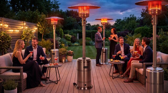 Evening patio with patio heaters bringing warmth and comfort to the guests. Patio heaters available in Austin Texas from Austin Bounce House Rentals.