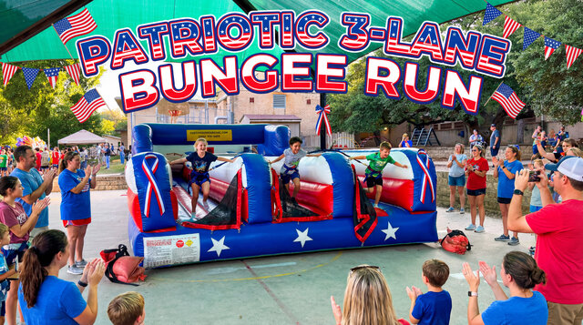 Patriotic 3-Lane Bungee Run inflatable rental from Austin Bounce House Rentals™ setup outdoors with kids playing and parents watching.