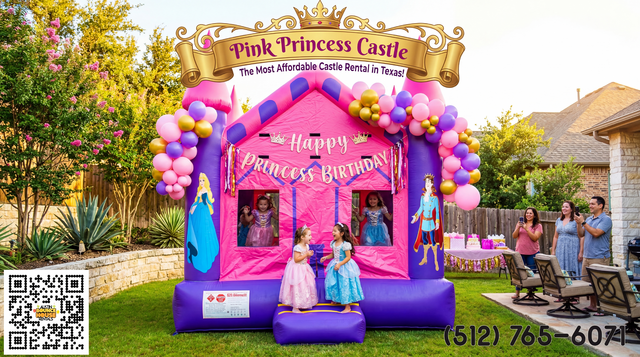 a pink princess inflatable castle with balloons on the front setup in a backyard with kids playing and parents watching.