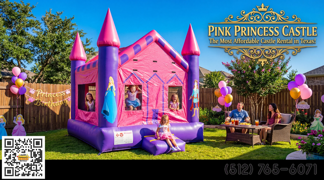 a pink princess inflatable castle setup in a central texas backyard with kids playing and parents watching.
