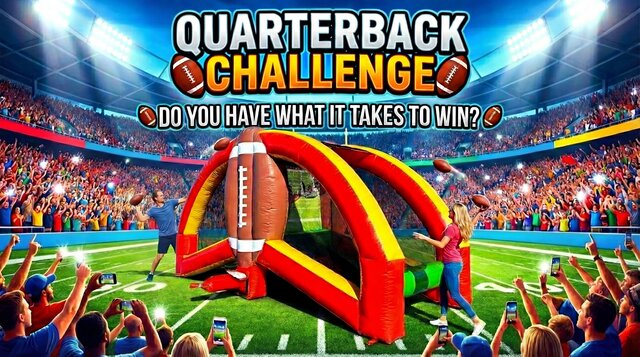 Quarterback Challenge football toss game setup in a football stadium with the crowd cheering.