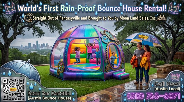 non-existent Rain-proof bounce house setup in a backyard with family having fun.