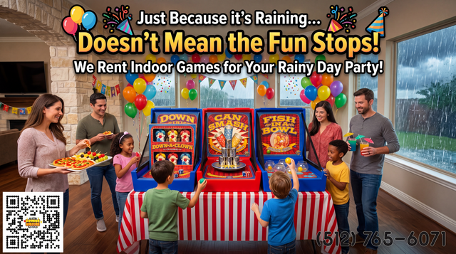 3-game home carnival setup inside a home with kids playing and parents watching. Overlaid text stating that it doesn't matter if it's raining, Austin Bounce House Rentals™ has indoor games to keep the fun going.