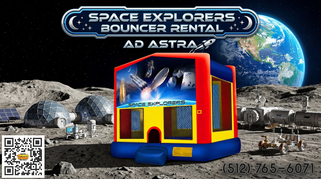 The Space Explorers Bounce House setup on a moonbase with the Earth in the background.