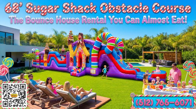 68 foot candy themed obstacle course setup in yard with kids playing and parents watching.