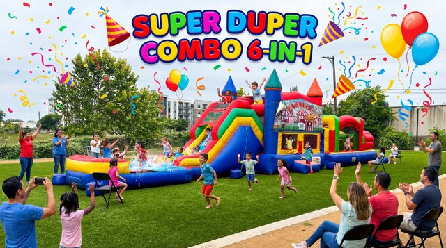 Carnival themed Super Duper Combo 6-in-1 with kids playing and parents watching outdoors.