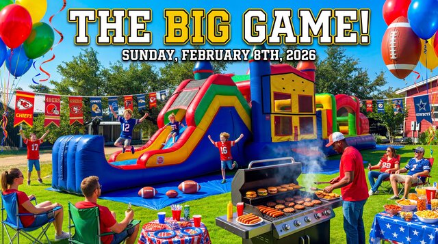 A promotional ad for renting a Super Duper Combo 5-in-1 for the big game (Super Bowl) with kids playing, and a cookout and banners with favorite teams.