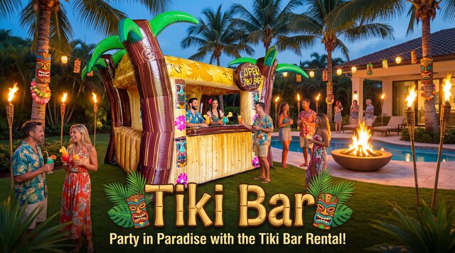 An inflatable Tiki Bar setup in a nice backyard for a luau in the evening with people drinking exotic drinks with a title overlay.