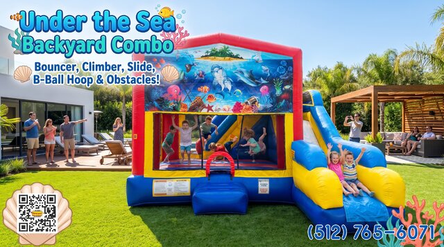Under the Sea Backyard Combo with kids playing in it, parents watching in a nice backyard. Title and feature overlay with QR code and phone number.