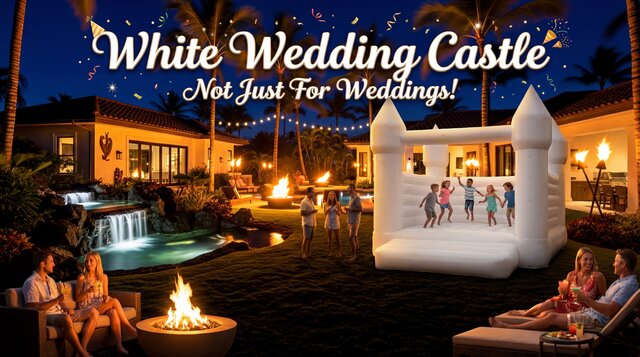 The white wedding castle bounce house setup in a yard in the evening with overlay stating that it's not just for weddings.