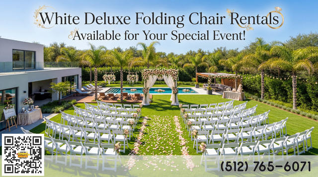 white deluxe folding chairs setup in a nice yard for a wedding with text overlays from Austin Bounce House Rentals™