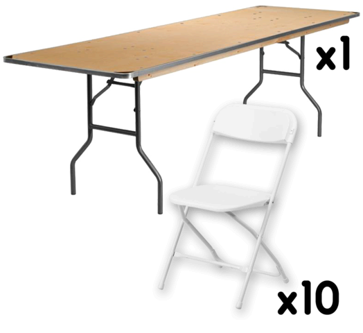 1 8 Foot Rectangular Tables + 10 White Chairs (Cust p/u)