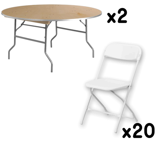 2 60 Inch Round Tables + 20 White Chairs