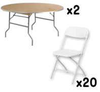 2 60 Inch Round Tables + 20 White Chairs