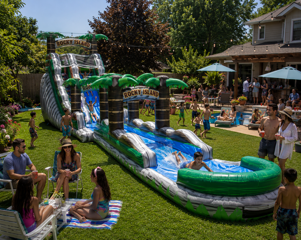 18ft Rocky Island hybrid water slide with slip-and-slide lane rental in Austin TX