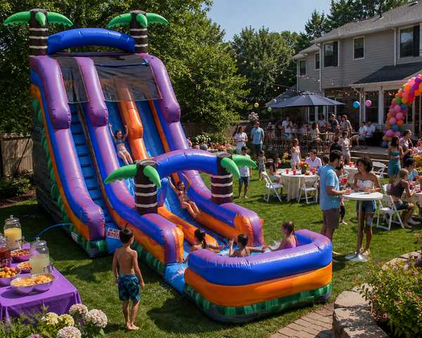 22ft Purple Crush double lane inflatable water slide rental with pool in Austin TX