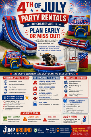 4th of July party rentals for Greater Austin plan early or miss out infographic from Jump Around Party Rentals