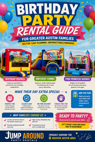 Birthday party rental guide infographic for Greater Austin families — birthday bounce house, birthday combo, pink princess bounce, perfect for all ages, clean and safe equipment, on-time delivery, stress-free planning, tables chairs and concessions available, from Jump Around Party Rentals