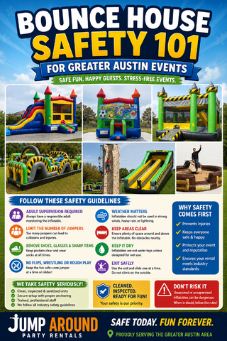 Bounce house safety 101 infographic for Greater Austin events — adult supervision required, limit jumpers, remove shoes and glasses, no flips or wrestling, keep it dry, keep areas clear, exit safely, why safety comes first, cleaned inspected and ready for fun, from Jump Around Party Rentals