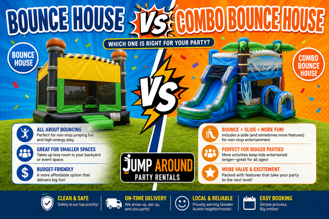 Bounce house vs combo bounce house comparison infographic from Jump Around Party Rentals