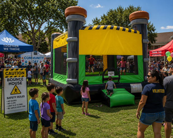 Caution themed bounce house rental setup at a Greater Austin birthday party - Jump Around Party Rentals