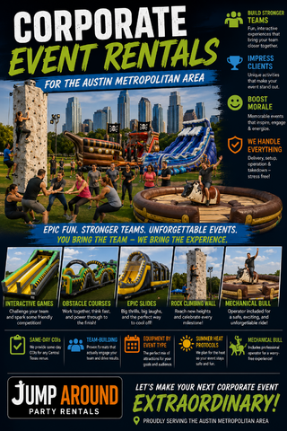 Corporate event rentals infographic for the Austin Metropolitan Area — build stronger teams, impress clients, boost morale, interactive games, obstacle courses, epic slides, rock climbing wall, mechanical bull, same-day COI, summer heat protocols, from Jump Around Party Rentals