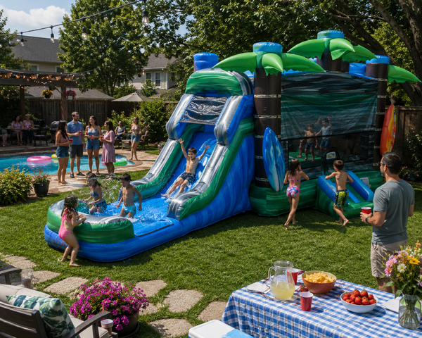 Cowabunga wet/dry combo bounce house with slide rental in Austin TX - Jump Around Party Rentals