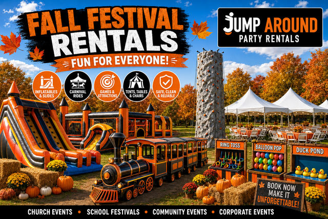 Fall festival rental setup in Greater Austin TX with bounce houses, carnival games, and trackless train from Jump Around Party Rentals