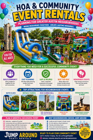 HOA and community event rentals planning for Greater Austin neighborhoods infographic from Jump Around Party Rentals